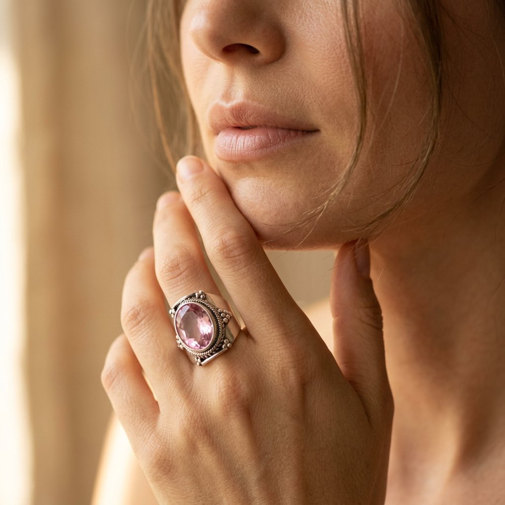 Silver-Tone Bohemian Ring with Large Oval Pink Stone