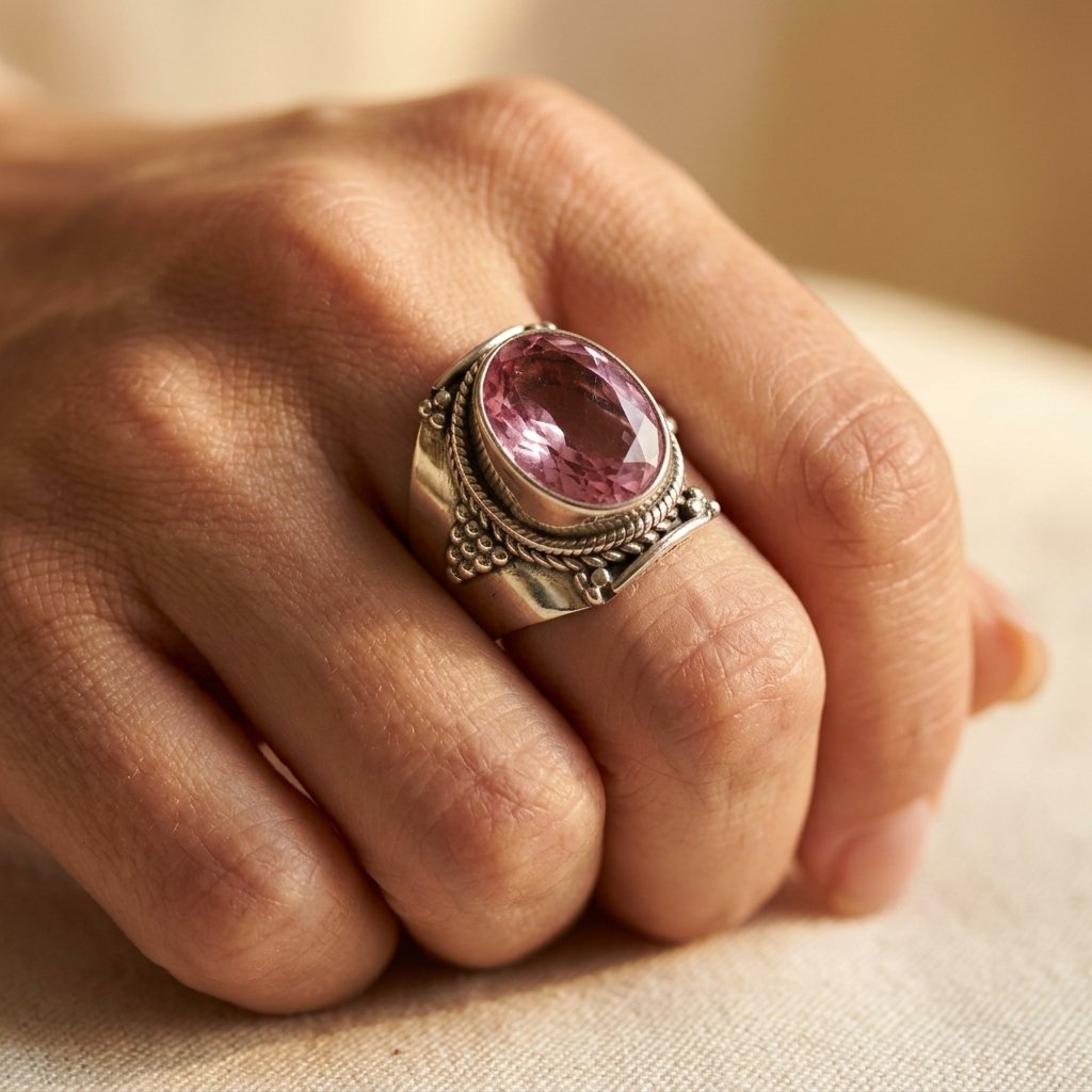 Silver-Tone Bohemian Ring with Large Oval Pink Stone