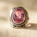Silver-Tone Bohemian Ring with Large Oval Pink Stone