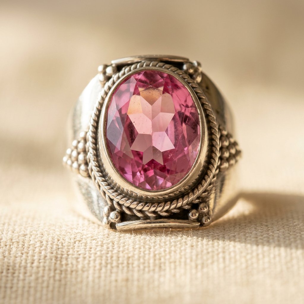 Silver-Tone Bohemian Ring with Large Oval Pink Stone